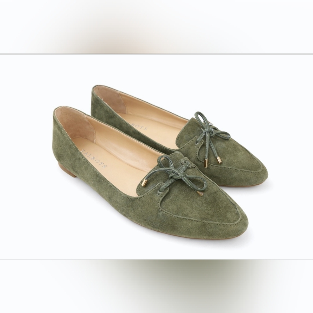 TALBOTS Olive Green Suede Tie Bow Loafers Flats | Ballet | Preppy | Timeless 7W